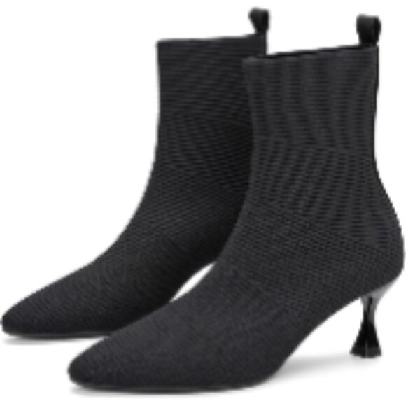 Knitted Ankle Boots Pointed Toe Kitten Heel Slip On Sock Bootie
